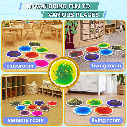Sensory Circles Mats Liquid Tiles - Pack of 6 Round Sensory Floor Pads for Kids Autism Classroom