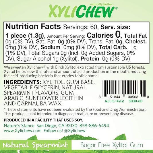 Xylichew 100% Xylitol Chewing Gum - Non GMO, Non Aspartame, Gluten Free, and Sugar Free Gum - Natural Oral Care, Relieves Bad Breath and Dry Mouth - Spearmint, 60 Count