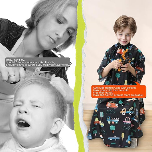 PERFEHAIR Kids Haircut Cape with Sleeves - Cute Cars Printing, Adjustable Neck Collar, Comfortable Barber Cape for Boys & Girls, Ideal for Home or Salon Use, Professional Hair Cutting Apron