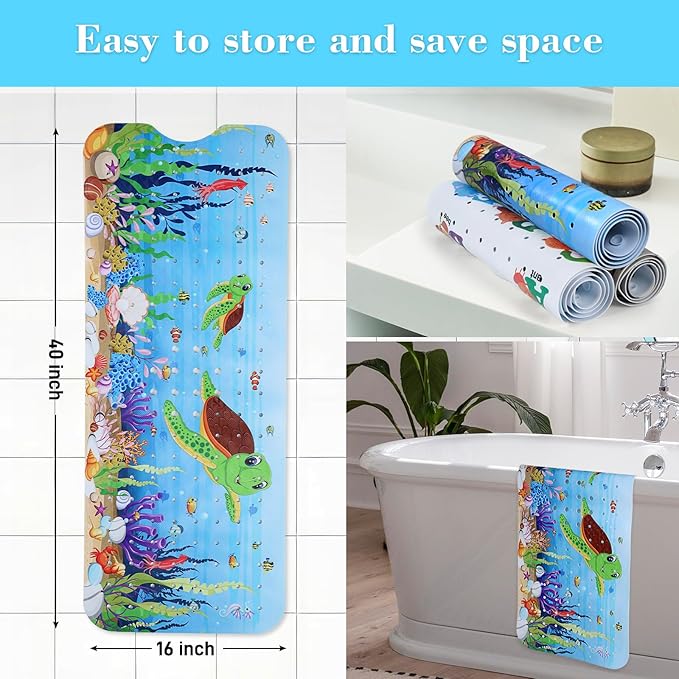 Bath Mat for Tub Non Slip, Machine Washable Anti-Slip Cartoon Baby Bathtub Shower Mat with Drain Holes and Suction Cups for Toddler & Kids, 40 Inch x 16 Inch, Red Turtles