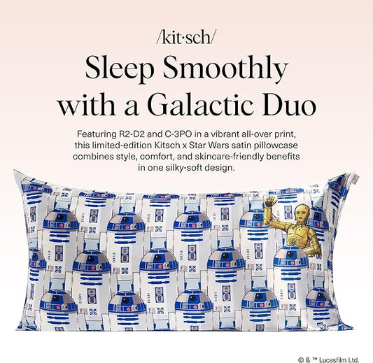 Kitsch x Star Wars R2-D2 & C-3PO Satin Pillowcase | Satin Pillowcase with Zipper, Better Than Silk Pillowcase | Frizz-Reducing Pillow Case for Hair & Skin Care, Cooling & Breathable - King