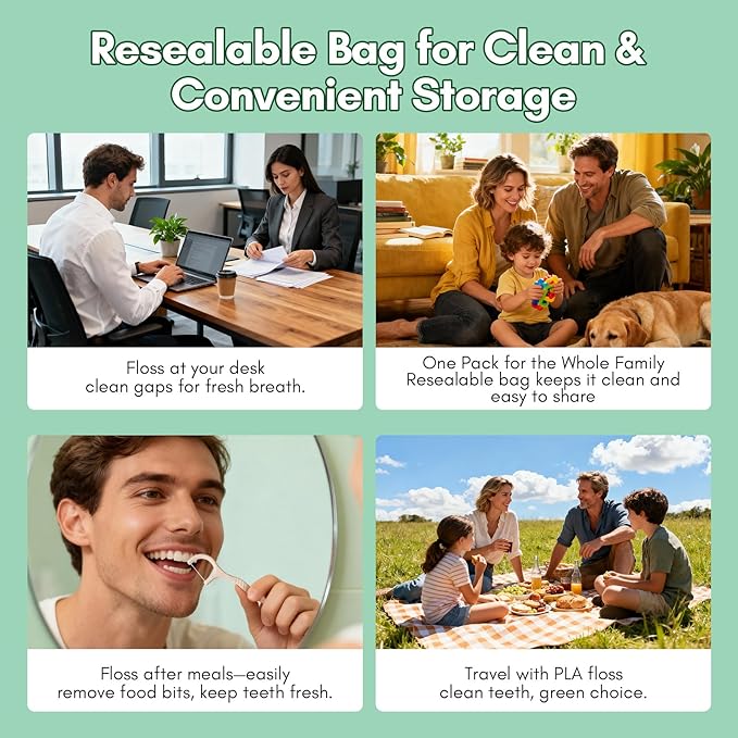 FAMILIFE Eco-Friendly Floss Picks (100Pcs) - Plant Based Dental Floss Picks with Strong Toughness, Natural Tooth Picks Flossers for Adults Daily Oral Cleaning & Gentle Gum Care, Mint Flavor