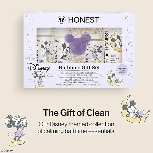 The Honest Company Calm Lavender Bathtime Gift Set and Disney Design Hypoallergenic Bath for Sensitive Baby Skin Shampoo Body Wash Face Lotion Bubble Conditioner Sponge