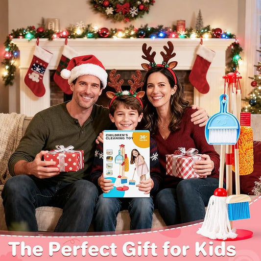 WHOHOLL Wooden Kids Cleaning Toy Set Toddler Broom and Dustpan Set for Housekeeping 9 Pcs Broom and Mop Set for Toddlers 3-5, Baby Cleaning Toys with Sponge, Christmas Birthday Gifts for Boys Girls