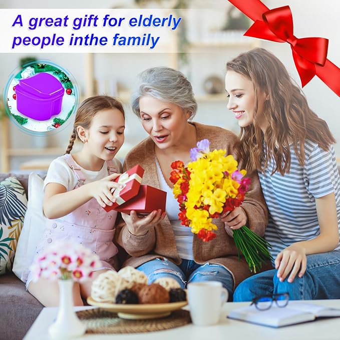 Denture Bath Case Denture Cleaning Cup with Brush Set, 2 Pack False Teeth Container Denture Storage Bath Box Case Retainer Holder Case with Strainer Basket and Lid Waterproof - Purple & Black