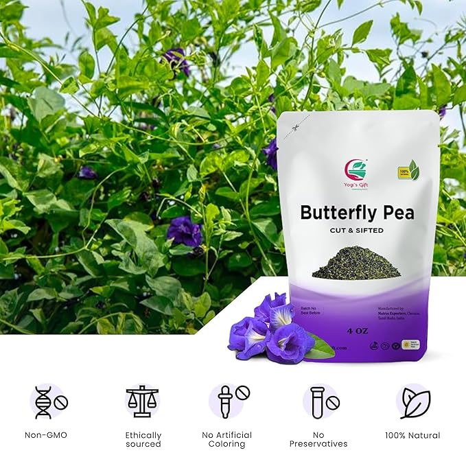 Butterfly Pea Flower 4 oz, Loose Leaf Cut & Sifted (300+ Cups), Non-GMO Dried Flowers, Natural Blue, Purple Drinks & Food Coloring, Premium Quality, By Yogi’s Gift®