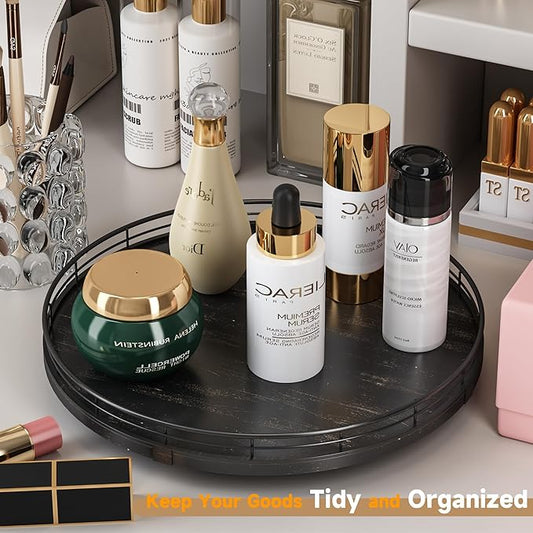 13" Oak Bathroom Vanity Tray Turntable for Perfume Candle, Round Wooden Decorative Tray for Kitchen Sink Countertop Organizer, Bathroom Counter Organizer for Skincare Makeup, Farmhouse Black Gold
