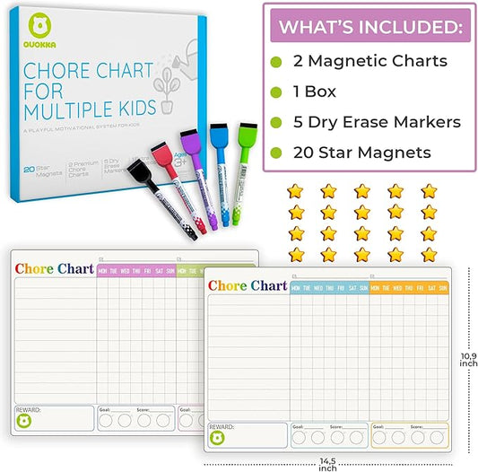 QUOKKA Behavior Chore Chart for Multiple Kids -7x10 inch Magnetic Board Also Hangs on The Wall - Includes 2 Charts and Accessories - Accommodates All Ages from Toddlers to Teens