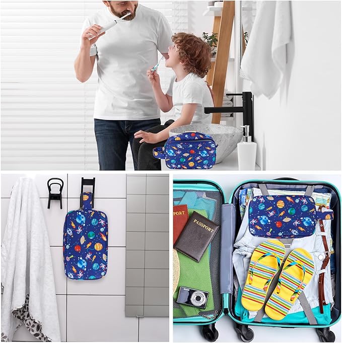 Space Kids Toiletry Bag for Boys, Travel Toiletry Bag for Little Young Boys Waterproof Hanging Wash Bag Toddler Traveling Toiletries, Blue