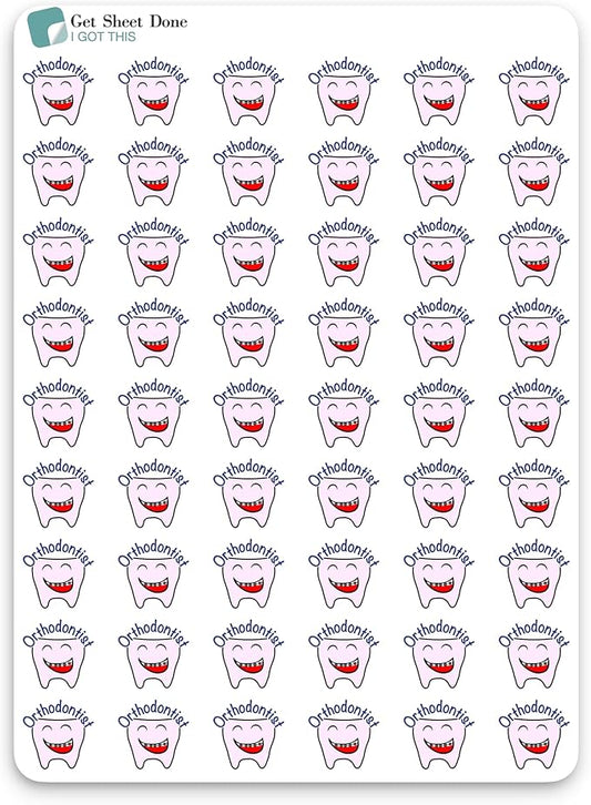Ortho Appointment Planner Sticker / 54 Fun Vinyl Stickers (1/2”) / Orthodontist Dentist Braces/Health Wellness Essential Productivity Life/Bullet Bujo Journal (1 Sheet, Tooth, Matte Vinyl)