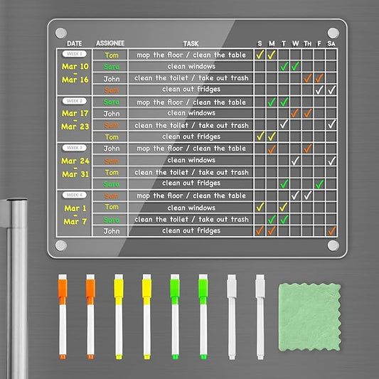 PigPotParty Acrylic Magnetic Monthly Chore Chart for Multiple Kids Roommates – 12"x9.5" Rotating Weekly Task Board for Kids Students Families, Clear Dry Erase Fridge Chart, w/ 8 Markers & 1 Towel