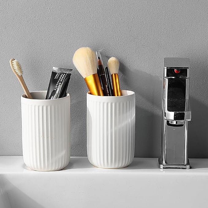 White Toothbrush Holders for Bathrooms - 2 Cups Ceramic Toothbrush Toothpaste Holders Set, White Bathroom Tumbler Cups Reusable Toothbrush Mouthwash Cup, Bathroom Counter Organizer.