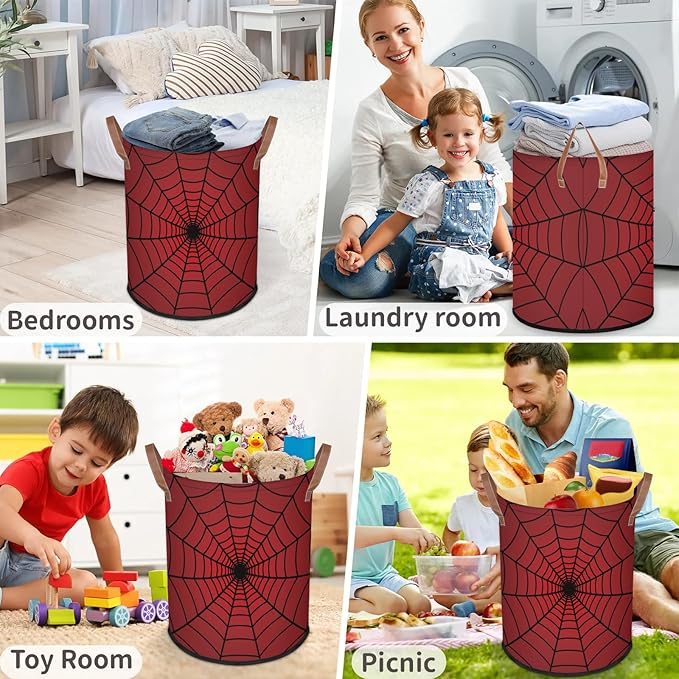 62L Laundry Basket Collapsible Laundry Hamper with Handles Spiders Web Clothes Books Toys Kids Laundry Hampers Bin for Bathroom Kitchen Hotel