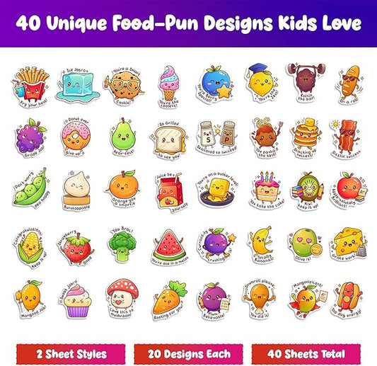 Punny Reward Stickers for Kids & Teachers – 800 Cute Food-Pun Stickers, 40 Unique Designs, 40 Sheets, Classroom Incentives for Homework, Behavior Charts, Homeschool Rewards – Mochi Momo
