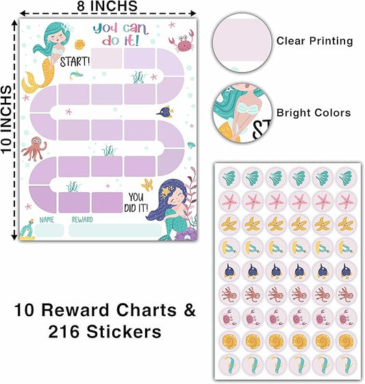 10 Mermaid Reward Chart with 216 Round Stickers, Incentive Behavior Chart for Kids at Home Classroom, Kids Routine Daily Chore Sticker Chart-A11