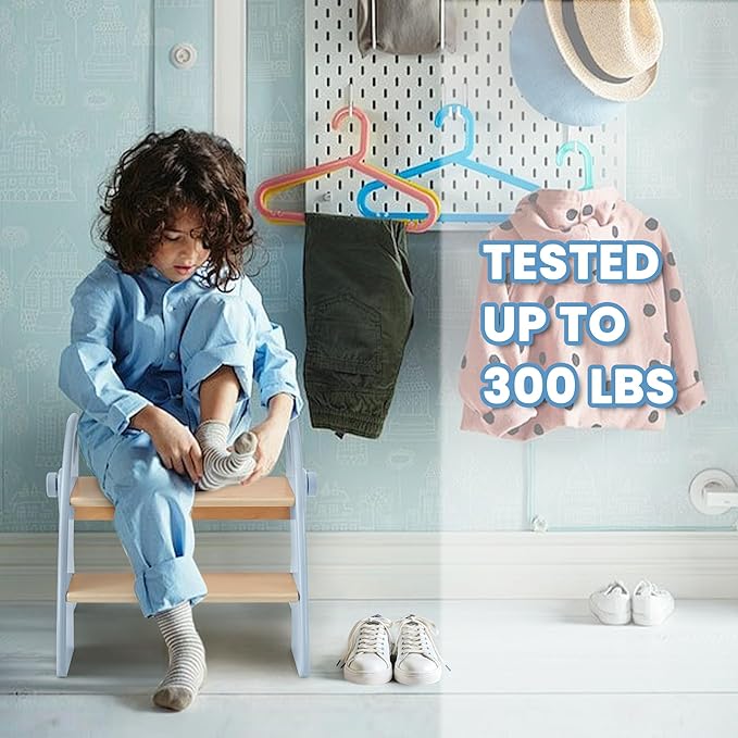 Wooden Step Stool, Two Step Stools, 300 lb. Load Capacity, with Safety Non-Slip Pads and Handles, Bamboo Step Stool for Bathroom and Kitchen, Children's Christmas Gift(Blue)