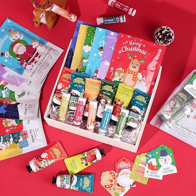 60 Pack Christmas Hand Cream, Facial Mask and Lip Balm Set, Stocking Stuffers for Women, Bulk Christmas Gifts for Coworkers, Party Supplies, Spa Party Favors and Decorations