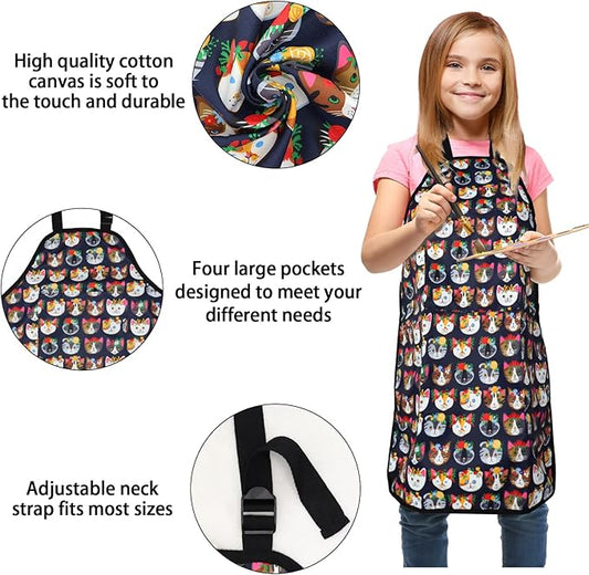 FreeNFond Kids Apron Adjustable Child Apron with 4 Pockets for Baking Painting