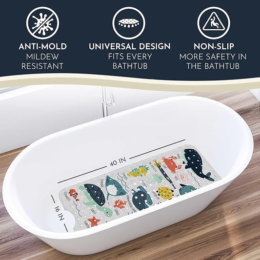 Bath Tub Mat Non Slip Anti Mold for Kids BPA Free INCL Hooks - homerella® Ocean Sea Animals 40x16, Baby Bath Mat Non Slip 200 Suction Cups, Non Toxic Machine Washable Toddler Bath Mat, EU Certified
