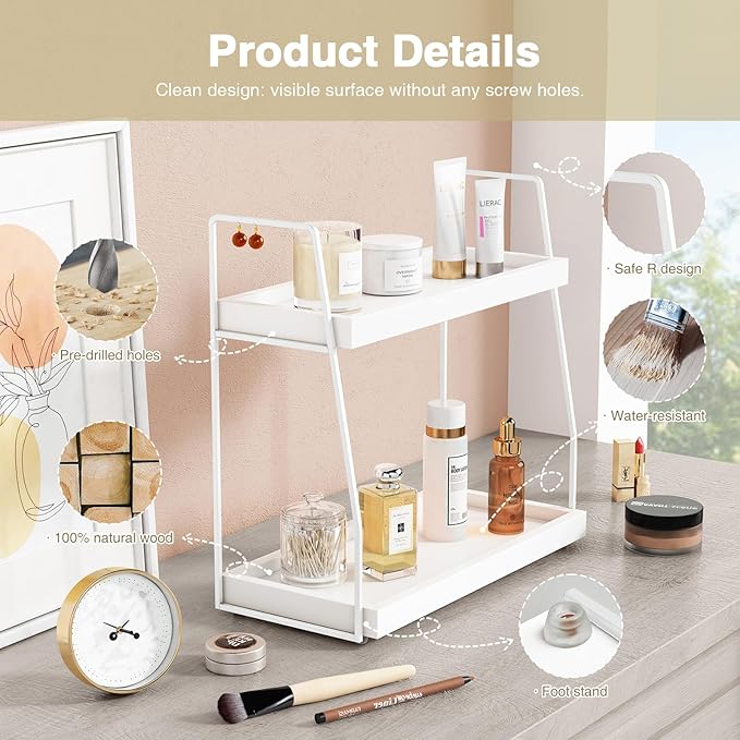 Forbena White 2 Tier Bathroom Organizer Countertop, Small Counter Top Organizer for Bathroom Decor, Modern Kitchen Counter Shelf for Snack, Vanity Makeup Organizers and Storage Tray for Bedroom
