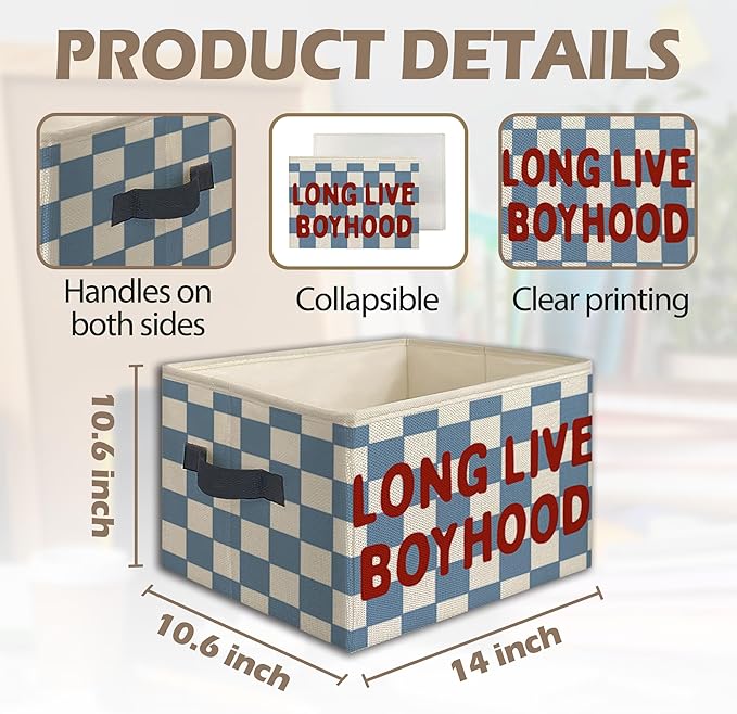 Long Live Boyhood Foldable Storage Bins Box with Handles, Retro Blue Checkered Collapsible Toys Books Clothes Organizer Basket for Kids Boys Nursery Bedroom Bathroom Dorm