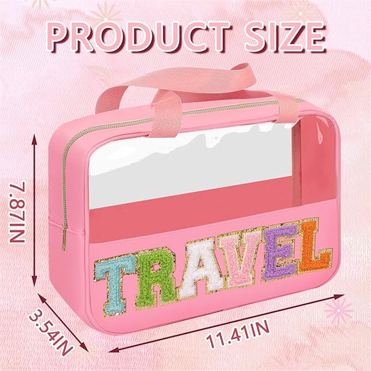 Chenille Letter Patch Travel Bag, Preppy Clear Makeup Cosmetic Bag Large Toiletry Storage Tote Bag with Handle, Transparent Nylon Waterproof Organizer Zipper Pouch for Travel Women Girls(Pink)