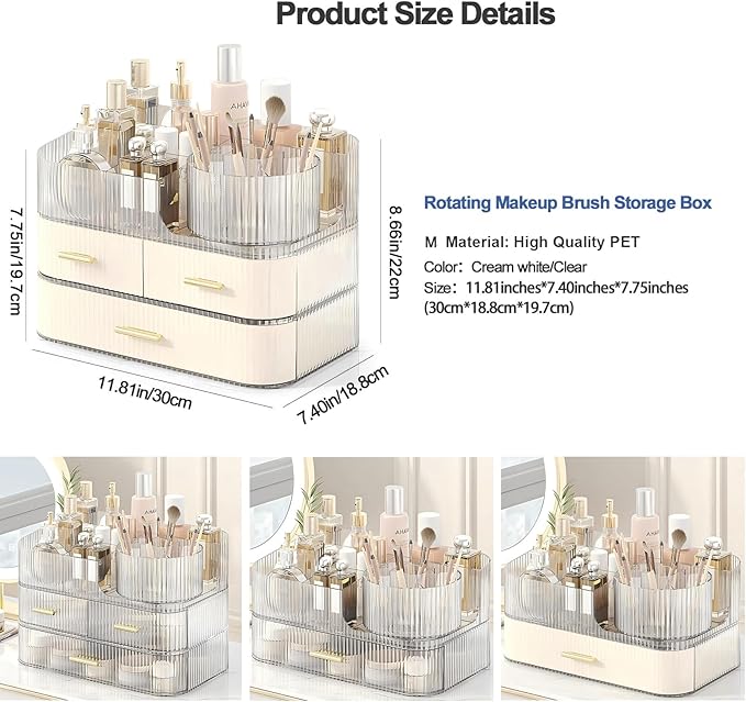 DASITON Makeup Organizer with Drawers and Rotating Makeup Brush Holder,Large Capacity Stackable Cosmetic Organizer Countertop,Bathroom Organizers and Storage,Make up Organizers for Vanity (Cream 03)