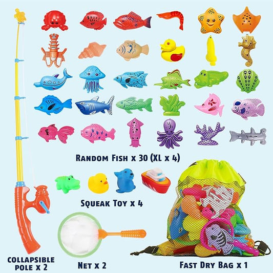 CozyBomB™ Magnetic Fishing Toys Game Set for Kids | Water Table Bathtub Kiddie Pool Party Pole Rod Net, Outdoor Plastic Floating Fish, Toddler Bath Color Ocean Sea Animals Birthday Gift Age 3-5 6 4-8