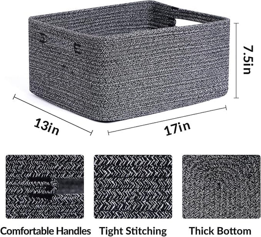 Large Storage Baskets for Shelves, Closet Organizers Bins for Clothes Blanket Towels, Baby Nursery, Toy Baskets Box, Woven Rope Baskets, 17 x 13 x 7.5”, 2 Packs Dark Gray