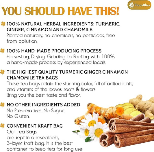 FloraBliss 50 Bags Premium Turmeric Ginger Cinnamon Tea with Upgraded Chamomile, Extra Strength 2.2g/Bag, 100% Natural, Caffeine-Free, Vegan, Eco-Friendly, Supports Digestion, Relaxation
