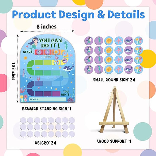 Mermaid Reward Chart, Behavior Chart for Kids at Home, Wooden Incentive Chart Signboard with 24 Tokens, Under The Sea Themed Sticker Charts Classroom Essentials -04