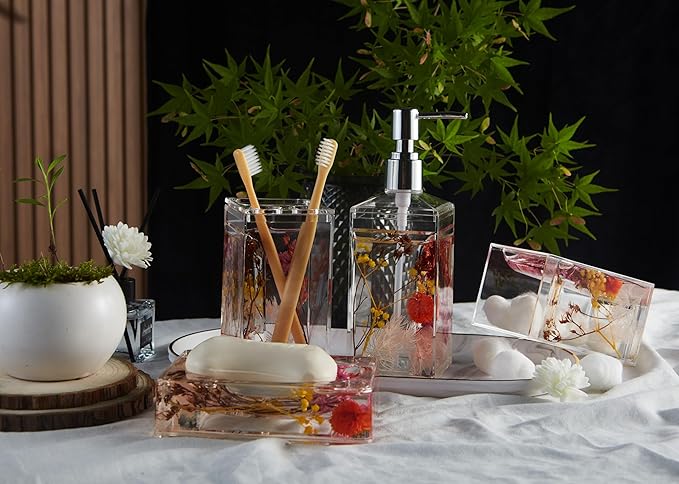 Locco Decor Bathroom Vanity Accessory Set Acrylic Liquid 3D Floating Motion Toothbrush Holder, Tumbler, Soap Dispenser, Soap Dish, Toilet brush, 5-Piece Accessory Set Garden Botanic Pink Plants