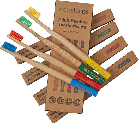 EcoSlurps 4 Bamboo Toothbrushes Multipack - Award Winning Medium Bristle Biodegradable Bamboo Toothbrush Pack (4 Adult Medium, Multi-Colored)