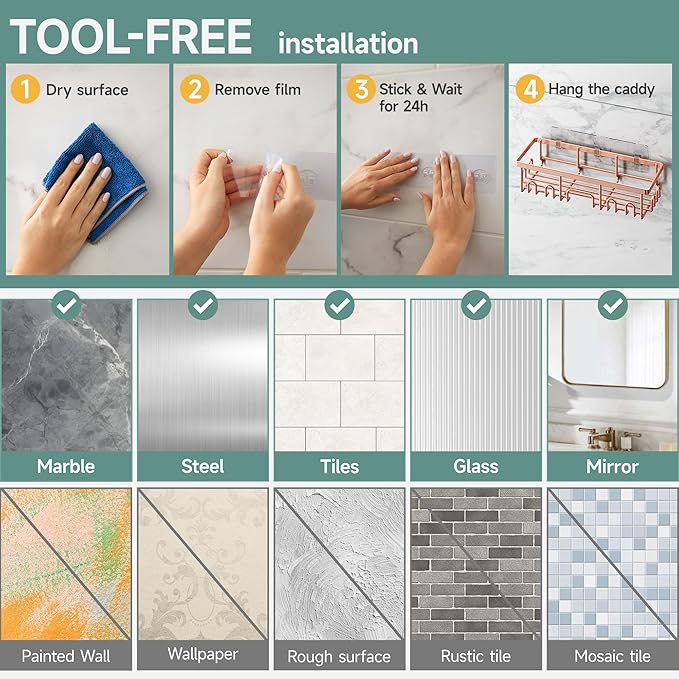 Veken Shower Caddy 6-Pack, No Drilling & Rustproof, Waterproof Adhesive Shelves Rack with Soap Holder, Large Capacity Bathroom Organizers and Storage, Wall-Mounted Kitchen & Home Decor, Rose Gold