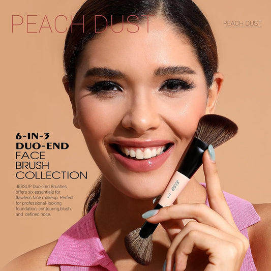 Jessup Face Makeup Brushes 3pcs Double Ended Makeup Brush Set for Foundation Contour Blush Highlight and Powder, Premium Synthetic Make up Brushes Peach Dust T508