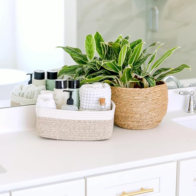 NaturalCozy 11.8"x8"x4.5” Storage Baskets for Shelves 3 Pack | Cotton Rope Woven Small Baskets for Organizing | Small Storage Bins for Nursery, Bathroom, Closet, Cube Shelf, Decorative, Gift Basket