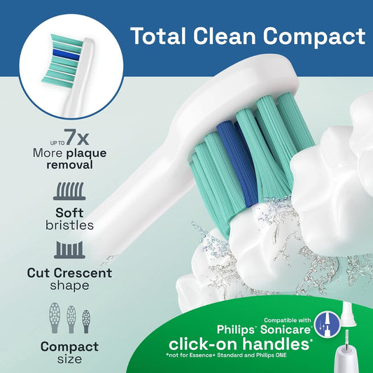 Brushmo Total Clean Replacement Toothbrush Heads, Compatible with Philips Sonicare Click-on Electric Toothbrush Handles, 8 Compact Heads for Hard-to-Reach Areas, Soft Dupont Bristles, BM628, White