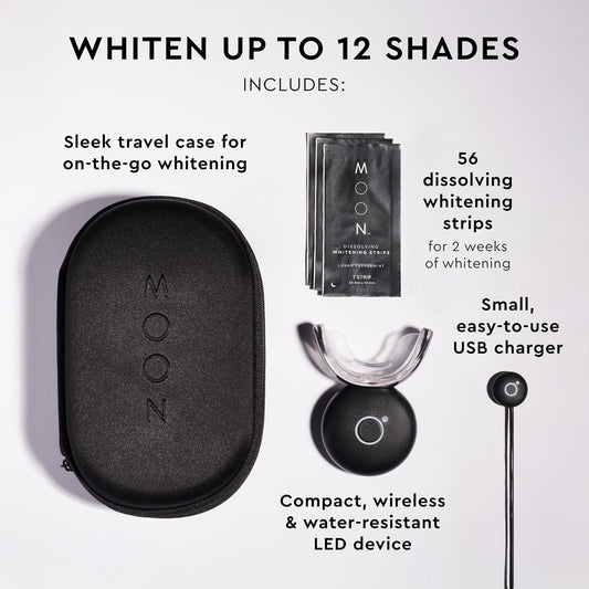 MOON Teeth Whitening Kit, LED Light Teeth Whitener Device, 56 White Strips, USB Charger & Travel Case, Blue Light Whitening Tray Removes Stains & Whitens Up to 12 Shades in 2 Weeks (4 Piece Kit)