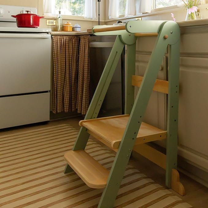 HARPPA Nordi Foldable Toddler Kitchen Tower, Montessori Kitchen Stools Helper, Standing Tower with 3 Adjustable Heights, Suitable Age for 2-6 Years, Sage