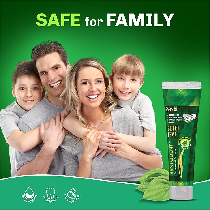 Bentodent Fluoride Free Remineralizing Calcium Bentonite Clay Natural Toothpaste-Certified Organic Ingredients-SLS Free,Vegan, Sensitive and Teeth Whitening - Adult & Kids (Betel Leaf)