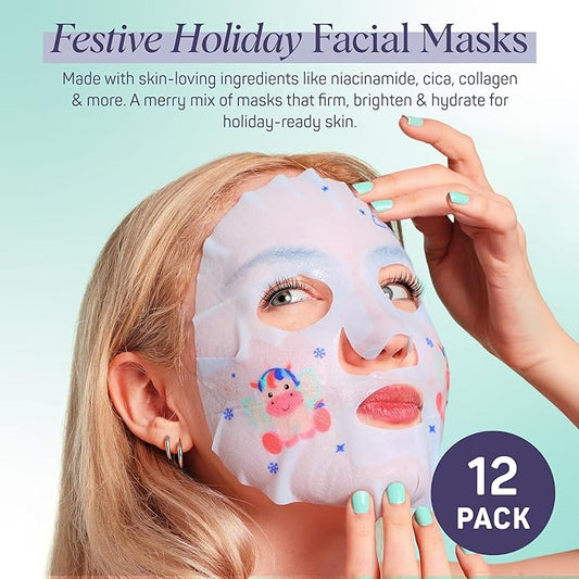 SpaLife Beauty Winter Wonder Animals Christmas Face Mask Bundle | Korean Facial Masks | Hydrating, Firming and Glowing Sheet Mask Set | Christmas Gifts for Women | 12 Pack