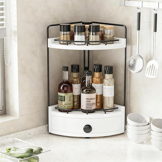 2-Tier Corner Bathroom Counter Organizer with Drawer & Embedded Screw Holes - Wooden Countertop Organizers for Skincare, Makeup Storage, Bathroom Sink Counter Shelf for Vanity, White