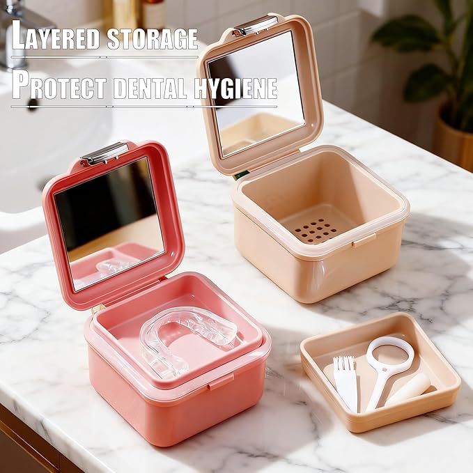 Denture Case Kit, Retainer Cleaning Case False Teeth, Retainer Cleaning Denture Bath Cup with Mirror Use in Denture Bridges, Denture Soaking Container, Traditional Braces for Travel ๏ผPink๏ผ