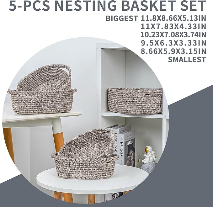 CubesLand Small Cotton Rope Storage Basket Set 5, Shelves Baskets for Organizing with Handle, Decorative Closet Storage Bins for Countertop Toilet Paper Basket for Toilet Tank Top,Mixed Brown Basket