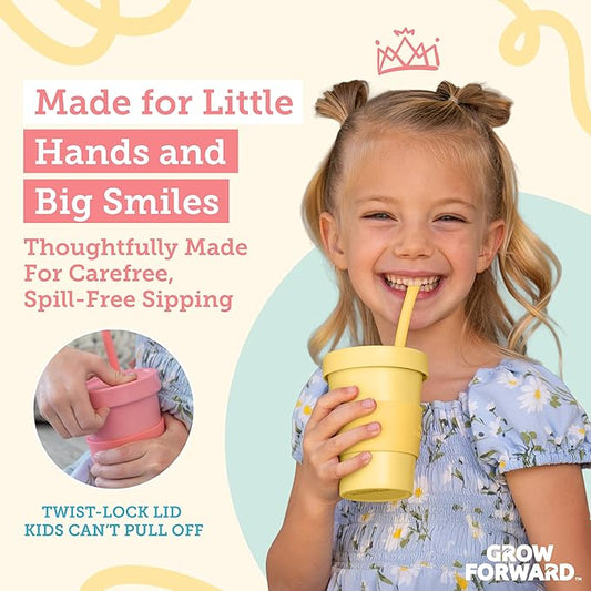 Grow Forward Bamboo Kids Cups with Lids and Straws - 10oz Drinking Cups for Kids with Childproof Twist Lids & Silicone Straws - Eco Friendly, BPA Free, Non Toxic & Dishwasher Safe - Paradise