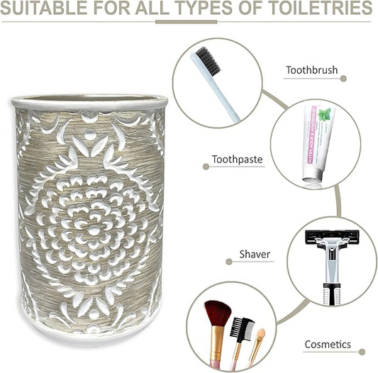 Regal Resin Bathroom Tumbler - Decorative Toothbrush Holder Cup for Bathroom Vanity Organizer and Countertop Decor Beige