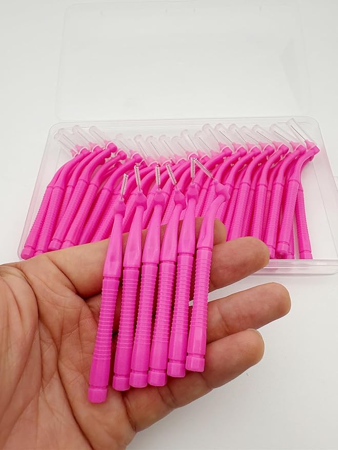 50 Pcs Interproximal Brush, Gum Interdental Brushes, L Angle Reusable Dental Cleaners Brushes,Disposable Oral Dental Hygiene Brush,Dental Toothpick Floss for Braces,Tooth Cleaning Tool (Pink)