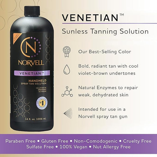 Norvell Premium Spray Tan Solution Venetian 1 Liter – Professional Sunless Tanning Formula for Natural Bronze Glow, Streak-Free, Fast-Drying, Long-Lasting Color