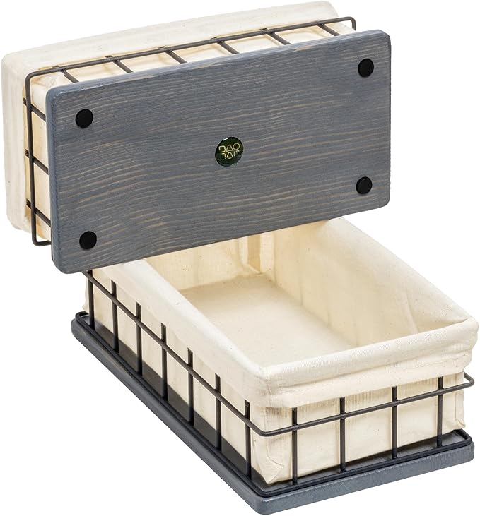 BAOBAB WORKSHOP Set of 2 Metal & Wooden Basket with Liners - Bathroom Basket Organizer & Kitchen Storage Decor - Farmhouse Toilet Paper Baskets for Back of Toilet Tank Tray Topper