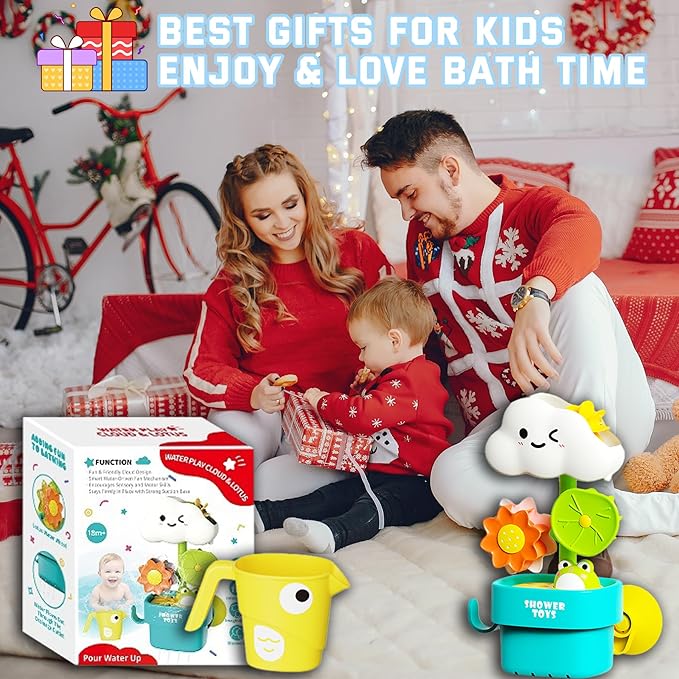 Bath Toys for Toddlers 1-3, Cloud Rain Watering Toy with Rising Frog & Spinning Lotus Leaves, Interactive Sensory Bath Time Fun, Ideal Christmas Shower Gift for Boys & Girls 18M+